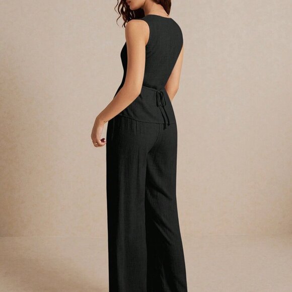 Black Casual Women's Summer Linen Suit Vest Sleeveless Top And Trousers Set - Picture 2 of 8